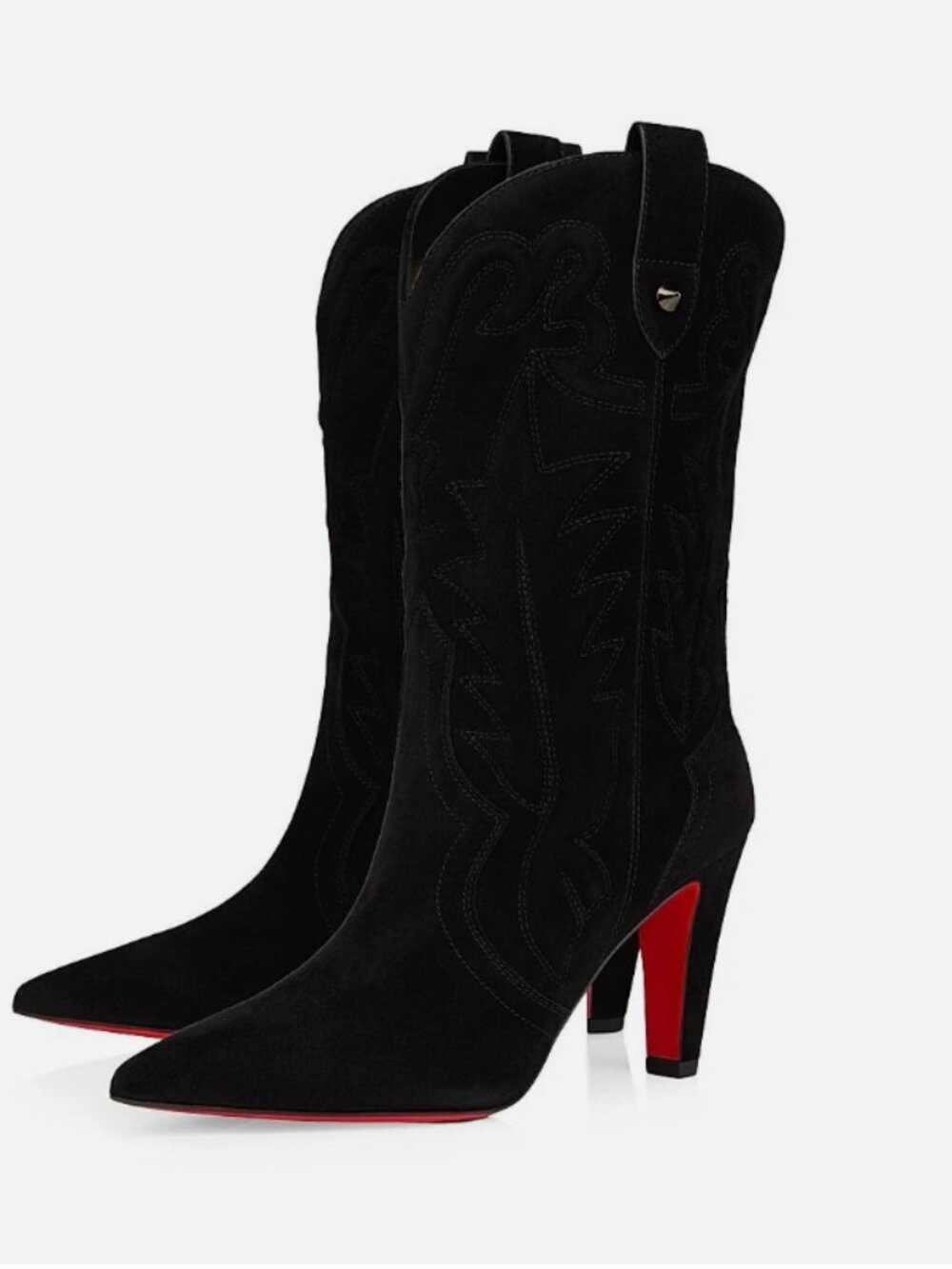 Christian Louboutin 85MM Black Suede Leather Santia Bootie Western Cowboy